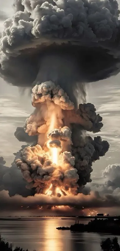 Dramatic explosion over water horizon with intense clouds and reflections.