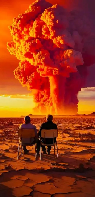 Chairs facing a dramatic, orange-red explosion in a sunset-filled desert scene.