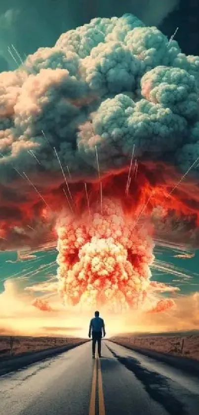 A lone figure walks towards a fiery explosion under a dramatic sky.