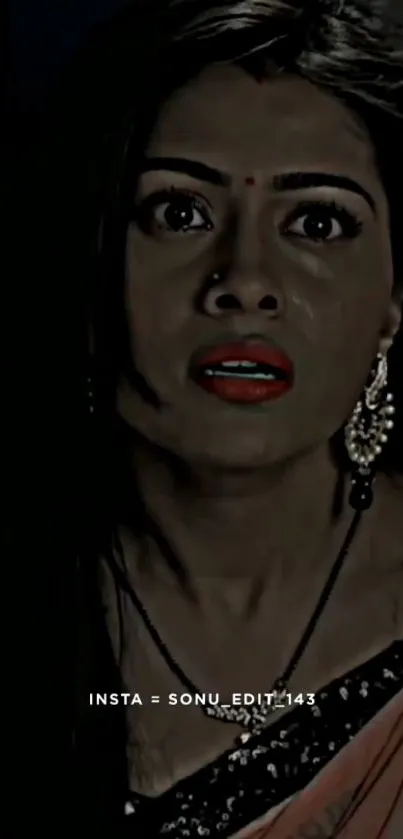 Intense expression of a woman in a dark background.