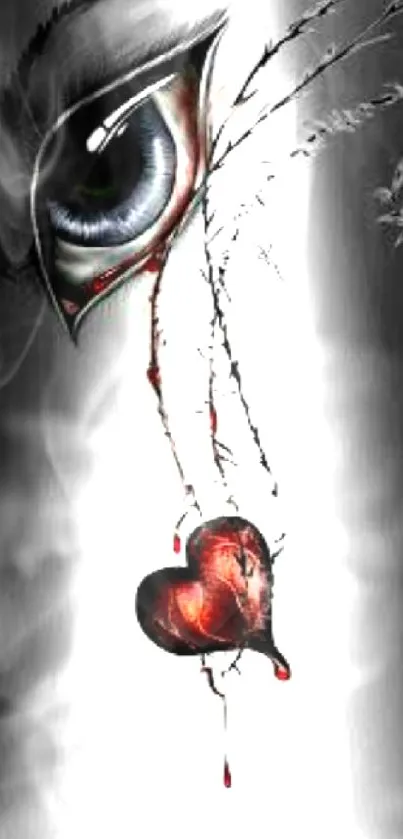 Dramatic eye with bleeding heart design in black and red on mobile wallpaper.