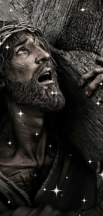 Dramatic scene of a man carrying a cross, symbolizing resilience and faith.