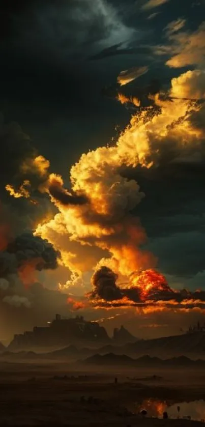 Dramatic sunset with vivid, fiery clouds over a silhouetted landscape.