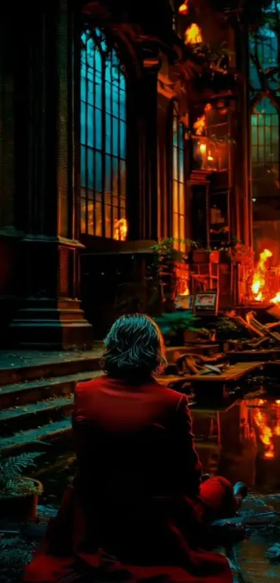 Lone person in red sits in a fiery room.