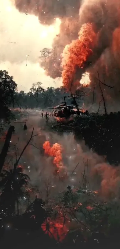 Helicopter amidst forest fire with intense orange smoke.