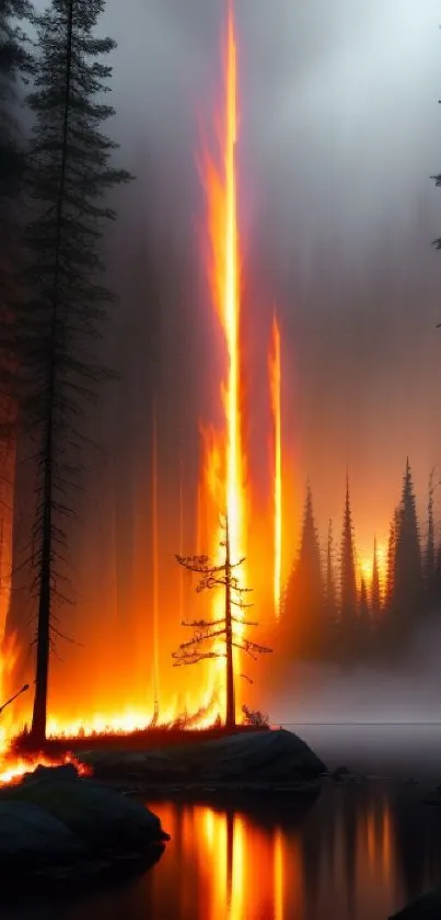 Fiery forest with reflection in water.