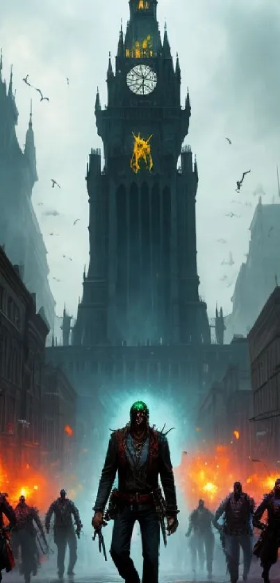 Dramatic Gothic cityscape with mysterious figures.