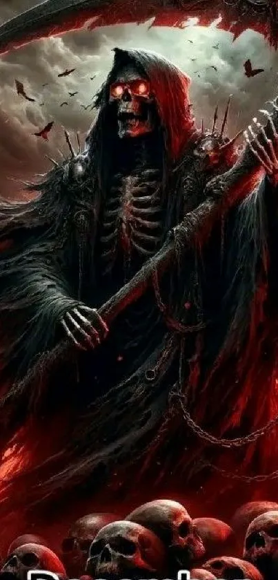 Grim Reaper with scythe amidst red and dark clouds, surrounded by skulls.