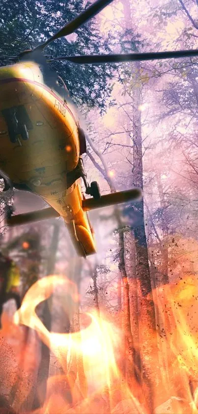 Helicopter flying over fiery forest during rescue mission.