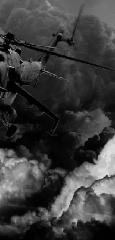 A dramatic black and white helicopter flying through stormy clouds.