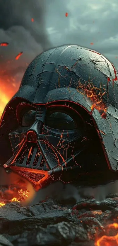 Dramatic cracked helmet surrounded by glowing lava and fire.