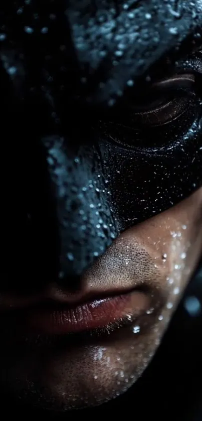 Close-up of a masked hero under rain.