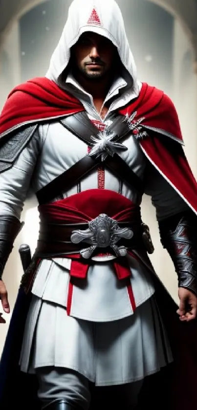 Hooded warrior in red and white armor standing majestically.