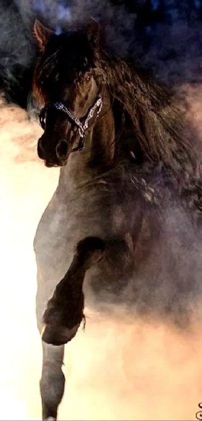 Majestic horse emerging from mist in dark, dramatic scene.