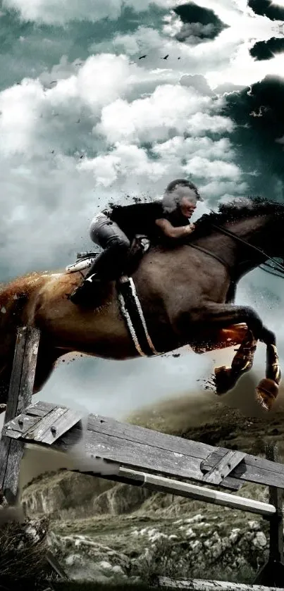 Dramatic horse and rider leaping over a wooden obstacle.