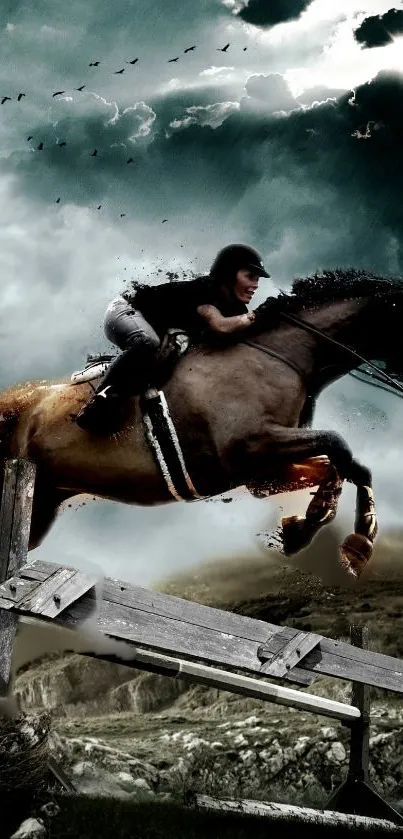 Horse jumping over an obstacle in a stormy landscape.