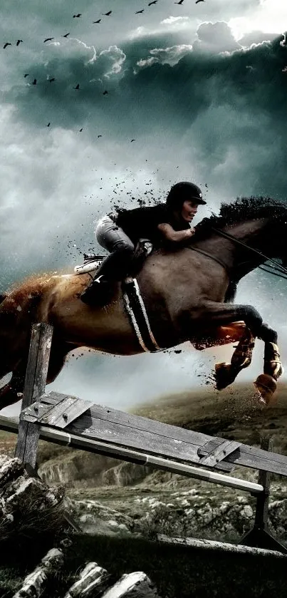 Horse and rider jumping under a stormy sky in a dramatic scene.