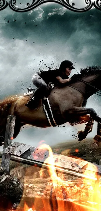 Rider on horse jumping through fiery course with dramatic sky.