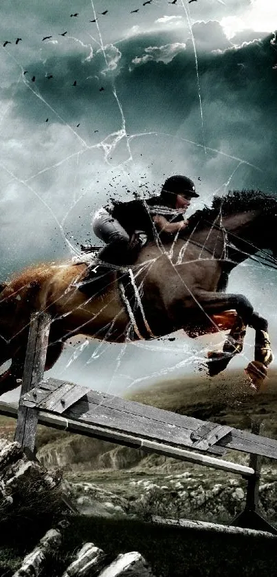 Dramatic scene of a horse jumping over a fence in stormy weather.