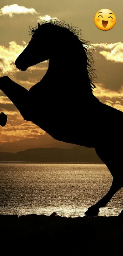 Horse silhouette at sunset with emoji in the sky.