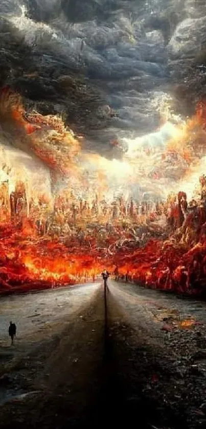 Dramatic inferno landscape art with fiery clouds.