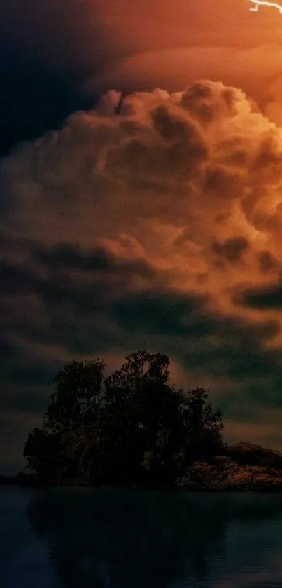 Dramatic island under a stormy sky with visible lightning.