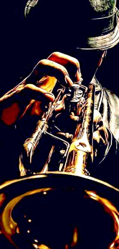 Vibrant image of a trumpet player in a dramatic jazz setting.