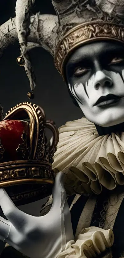 A dramatic jester holding an ornate crown with intricate, theatrical makeup.