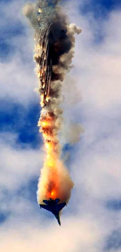 Jet explosion in the sky, fiery smoke and vivid blue tones.