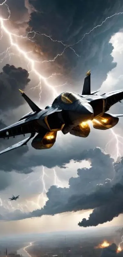 A jet flies through a stormy sky, surrounded by dark clouds and lightning.