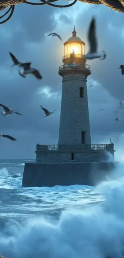 Lighthouse surrounded by seagulls with crashing waves in a stormy ocean.