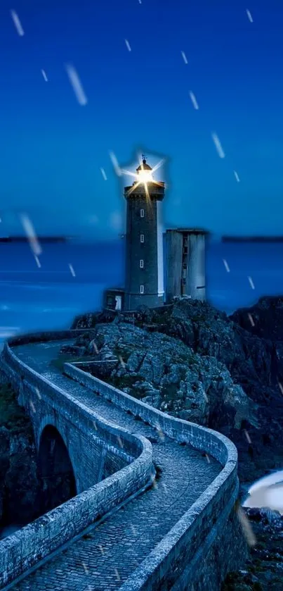 Lighthouse with rain at dusk by the ocean.