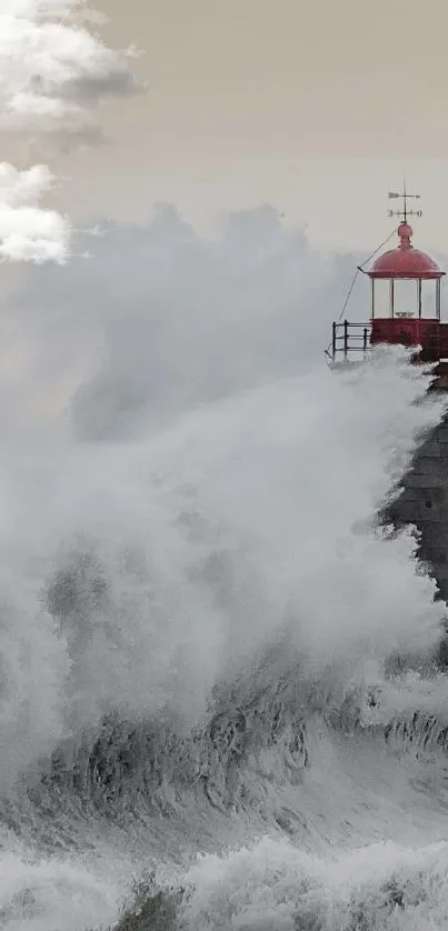 Lighthouse with crashing waves under a stormy sky.