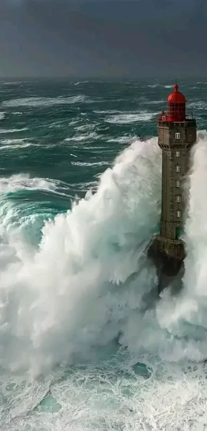 A lighthouse stands amidst crashing ocean waves.