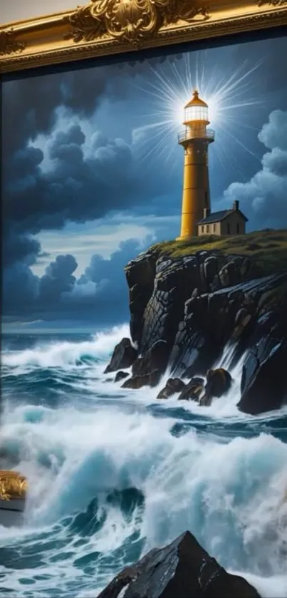 Golden framed lighthouse on rocky cliff with stormy ocean waves.