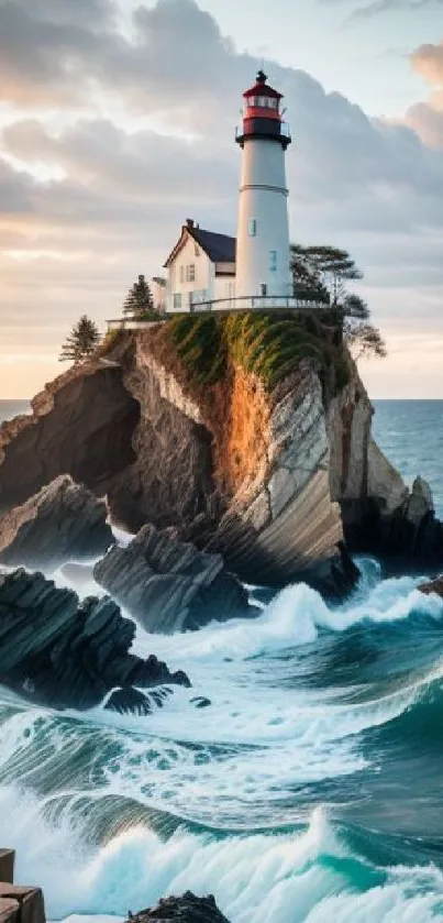 Lighthouse on a rocky cliff with ocean waves below and a dramatic sky.