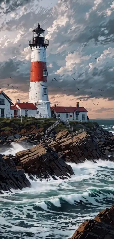 Lighthouse on rocky coast with stormy skies and crashing waves.