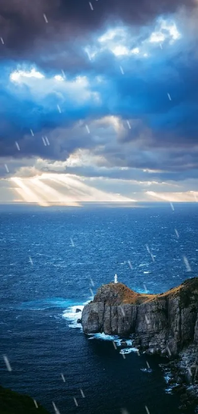 Breathtaking view of a lighthouse on a cliff with dramatic clouds and ocean waves.