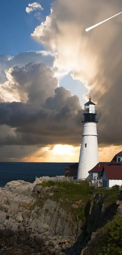 Lighthouse with dramatic sunset and ocean waves.