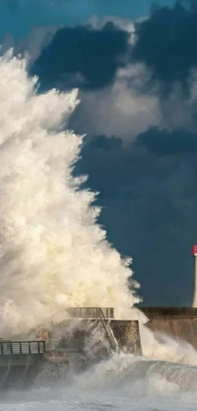 Massive wave crashing near a red lighthouse.