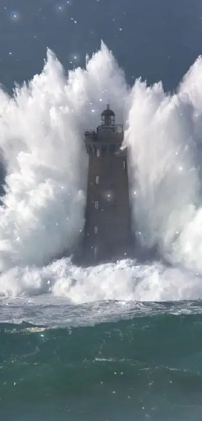 Lighthouse with massive ocean waves crashing in dramatic scene.