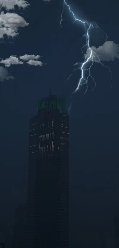 Dark city skyline with lightning strike overhead.