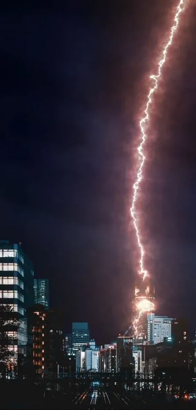 Lightning strikes over city skyline at night.