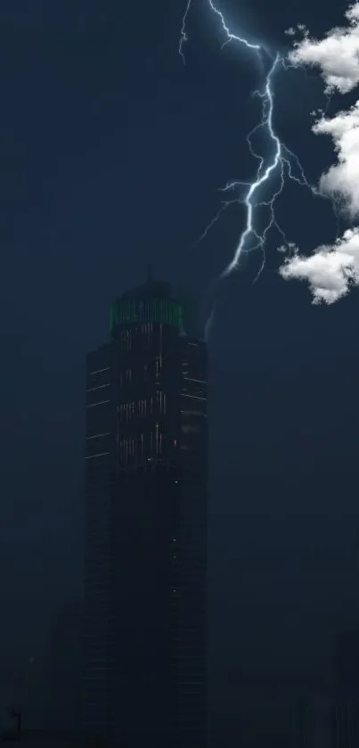 Dark city skyline with lightning in the sky.