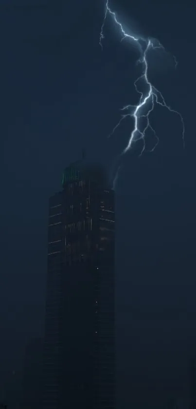 Dark cityscape with lightning striking a skyscraper at night.