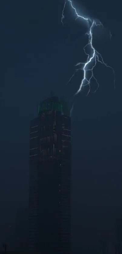 Lightning over a dark skyscraper cityscape at night.