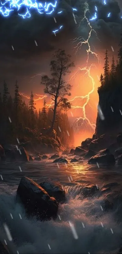 Dramatic lightning over a forest river during dusk.