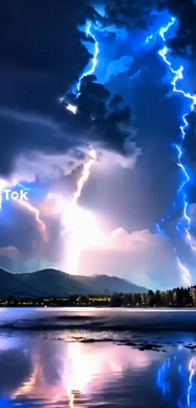 Dramatic lightning over lake and forest.