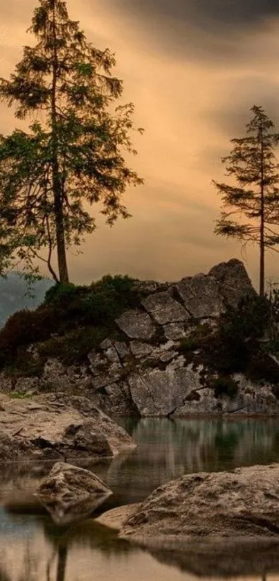 Stunning lake with trees and lightning on a dramatic sky.