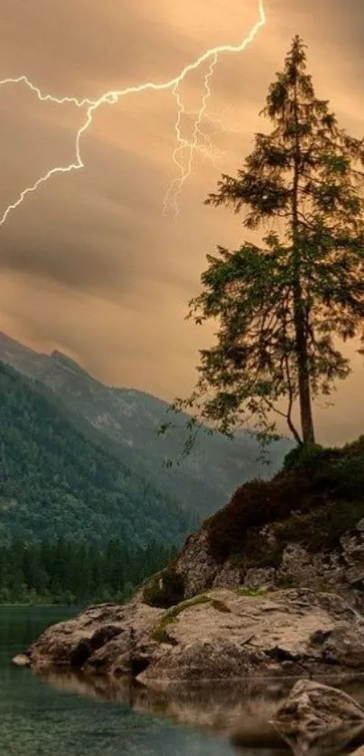 Solitary tree with lightning over mountains and lake.